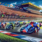 Generate a realistic, high definition image of a generic motorcycling team participating in a future MotoGP event at the Australian Grand Prix in 2024. The image should depict the exhilarating atmosphere of the race; grandstands full of cheering fans, vibrant team colours, the curvaceous race track and daredevil riders leaning into a high speed corner, while battling for top positions.