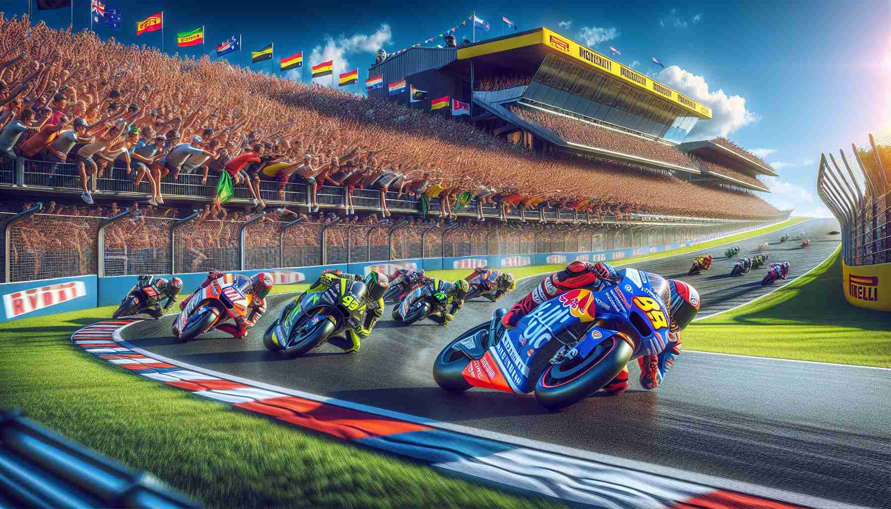 Generate a realistic, high definition image of a generic motorcycling team participating in a future MotoGP event at the Australian Grand Prix in 2024. The image should depict the exhilarating atmosphere of the race; grandstands full of cheering fans, vibrant team colours, the curvaceous race track and daredevil riders leaning into a high speed corner, while battling for top positions.