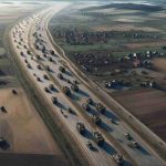 High definition, realistic imagery showcasing a hypothetical scenario of military troop movements in Eastern Europe. Visualize an aerial view displaying various military vehicles maneuvering along the roads, set amid a landscape filled with hills, farmlands, and patches of forest. The military vehicles could be detailed with camouflage paint, and the scenario should set during daytime, providing clear visibility. Note: This image is entirely fictional and does not represent any real-world events or situations.