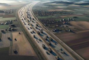 High definition, realistic imagery showcasing a hypothetical scenario of military troop movements in Eastern Europe. Visualize an aerial view displaying various military vehicles maneuvering along the roads, set amid a landscape filled with hills, farmlands, and patches of forest. The military vehicles could be detailed with camouflage paint, and the scenario should set during daytime, providing clear visibility. Note: This image is entirely fictional and does not represent any real-world events or situations.