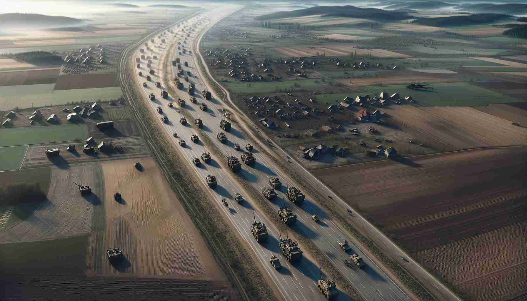 High definition, realistic imagery showcasing a hypothetical scenario of military troop movements in Eastern Europe. Visualize an aerial view displaying various military vehicles maneuvering along the roads, set amid a landscape filled with hills, farmlands, and patches of forest. The military vehicles could be detailed with camouflage paint, and the scenario should set during daytime, providing clear visibility. Note: This image is entirely fictional and does not represent any real-world events or situations.