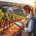 Generate a realistic, high-definition image showcasing the process of revolutionizing frost damage assessment for grape growers. A Caucasian female researcher, armed with a digital tablet, is standing in a vineyard in early morning light, inspecting frost damage on the grapevines. She's dressed in practical outdoor clothing suitable for cooler weather. A drone equipped with an infrared camera is hovering overhead, scanning the vineyard and transmitting data to her tablet.