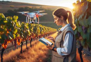 Generate a realistic, high-definition image showcasing the process of revolutionizing frost damage assessment for grape growers. A Caucasian female researcher, armed with a digital tablet, is standing in a vineyard in early morning light, inspecting frost damage on the grapevines. She's dressed in practical outdoor clothing suitable for cooler weather. A drone equipped with an infrared camera is hovering overhead, scanning the vineyard and transmitting data to her tablet.