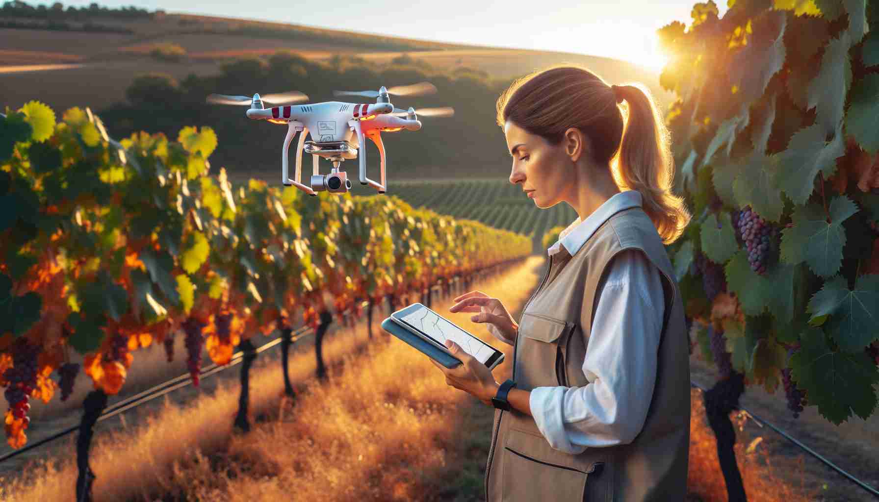 Generate a realistic, high-definition image showcasing the process of revolutionizing frost damage assessment for grape growers. A Caucasian female researcher, armed with a digital tablet, is standing in a vineyard in early morning light, inspecting frost damage on the grapevines. She's dressed in practical outdoor clothing suitable for cooler weather. A drone equipped with an infrared camera is hovering overhead, scanning the vineyard and transmitting data to her tablet.