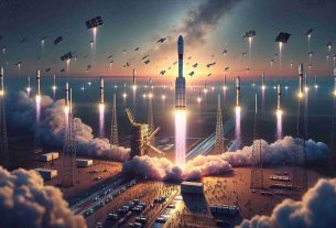 A high-definition, realistic depiction of an unprecedented event, the launch of a revolutionary satellite network. The scene captures the exciting moment when the rockets lift-off against a backdrop of a sunset-painted sky. The launch pad is bustling with activity, teams of people carrying out last-minute checks. As the rockets ascend, they leave trails of smoke behind. Intermittently, satellites are released into space, en route to their designated orbits, forming a brand-new network solving issues of connectivity worldwide.