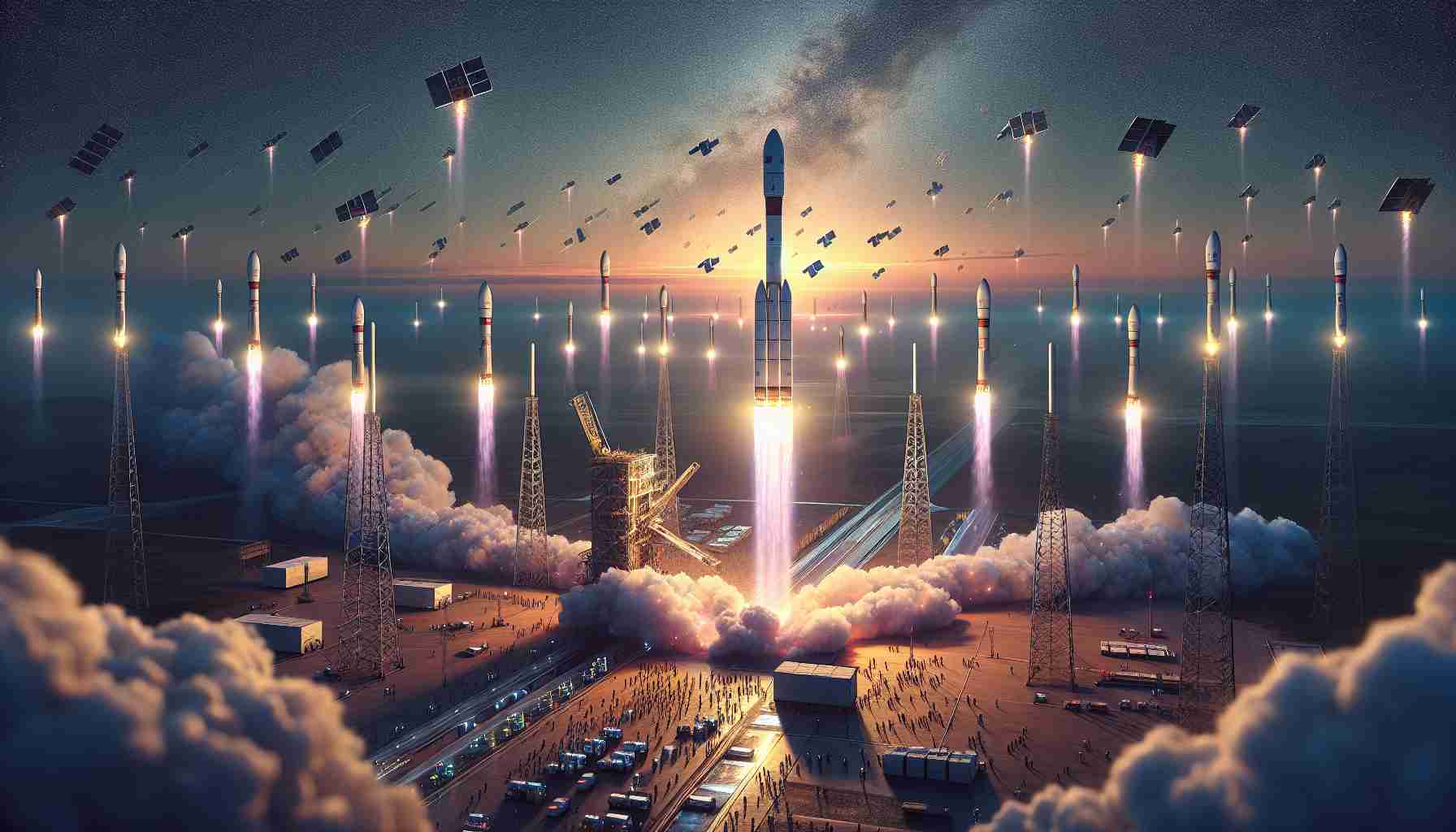 A high-definition, realistic depiction of an unprecedented event, the launch of a revolutionary satellite network. The scene captures the exciting moment when the rockets lift-off against a backdrop of a sunset-painted sky. The launch pad is bustling with activity, teams of people carrying out last-minute checks. As the rockets ascend, they leave trails of smoke behind. Intermittently, satellites are released into space, en route to their designated orbits, forming a brand-new network solving issues of connectivity worldwide.