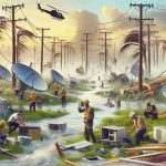 Generate a realistic, high-definition image representing the efforts to boost communication services in areas struck by hurricanes. This image should depict professionals at work, setting up communication devices like satellite dishes and antennas in a landscape devastated by a hurricane. Elements like overturned trees, damaged buildings, and flooded streets should be visible. Include a mix of male and female workers, with a diverse range of descents such as Caucasian, Black, South Asian, and Hispanic, diligently working to reestablish contact and communication amid the chaos.