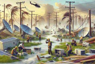 Generate a realistic, high-definition image representing the efforts to boost communication services in areas struck by hurricanes. This image should depict professionals at work, setting up communication devices like satellite dishes and antennas in a landscape devastated by a hurricane. Elements like overturned trees, damaged buildings, and flooded streets should be visible. Include a mix of male and female workers, with a diverse range of descents such as Caucasian, Black, South Asian, and Hispanic, diligently working to reestablish contact and communication amid the chaos.