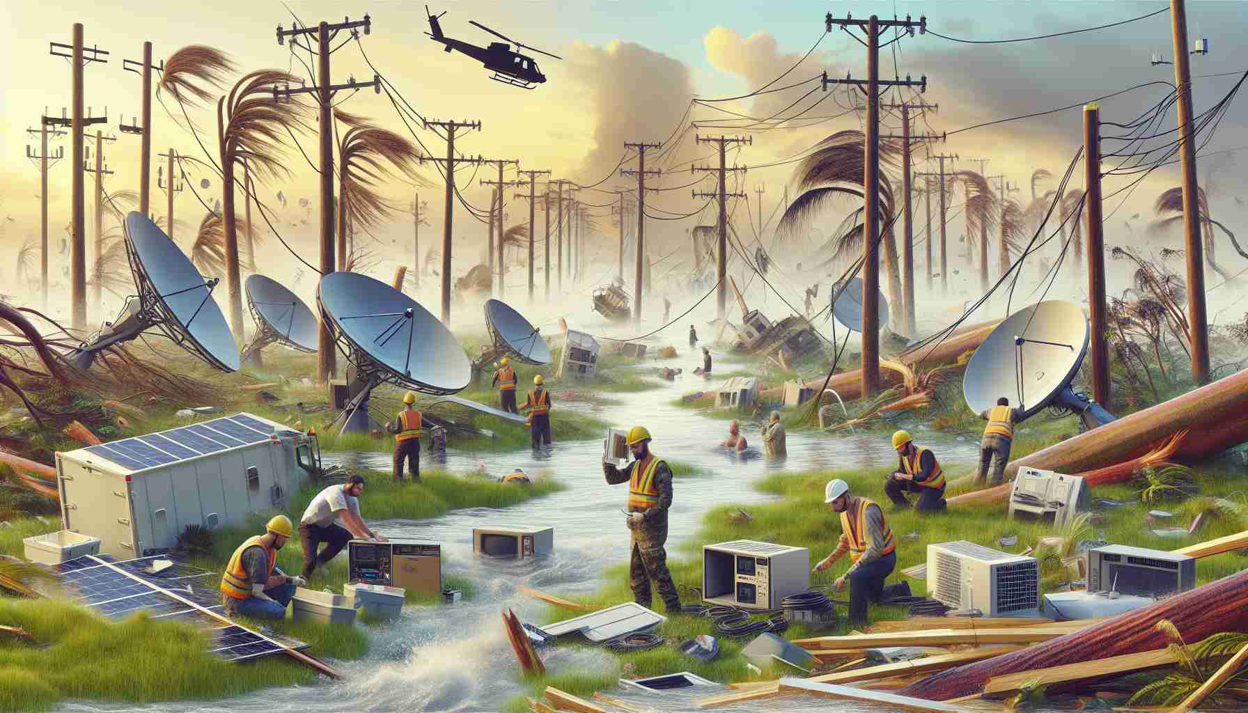 Generate a realistic, high-definition image representing the efforts to boost communication services in areas struck by hurricanes. This image should depict professionals at work, setting up communication devices like satellite dishes and antennas in a landscape devastated by a hurricane. Elements like overturned trees, damaged buildings, and flooded streets should be visible. Include a mix of male and female workers, with a diverse range of descents such as Caucasian, Black, South Asian, and Hispanic, diligently working to reestablish contact and communication amid the chaos.