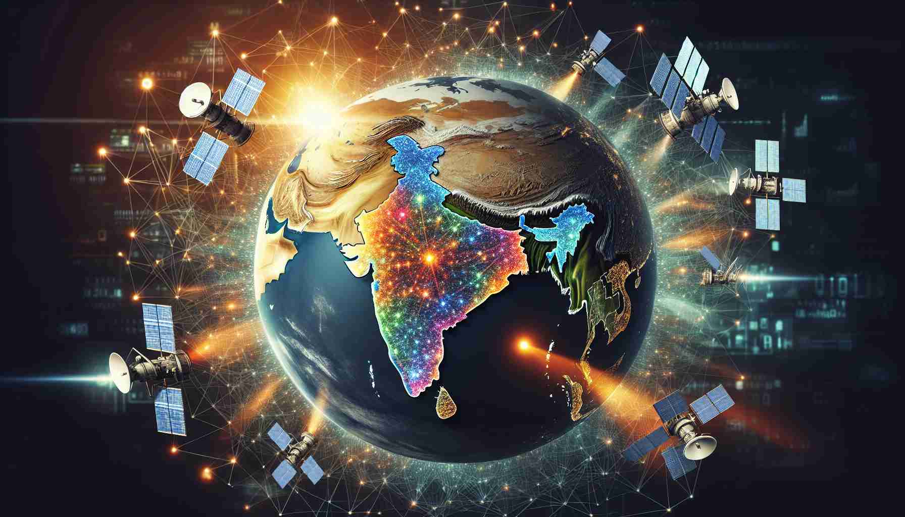 High-definition image of a conceptual representation of India being transformed through satellite spectrum innovations. The image can feature India's geographical shape highlighted on a world map, with numerous satellites orbiting overhead, emitting a spectrum of colourful signals. The colours of the signals should symbolize different advancements such as education, technology, and healthcare. Further depicting the scene, the background can have brighter sketch of digital network connections overlaying the globe, representing the communication landscape. Title at the top of the image should read: 'Transforming India's Communication Landscape through Satellite Spectrum Innovations'.