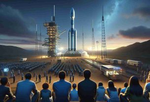 A realistic, high-definition illustration capturing the anticipation for the upcoming launch of a new array of communication satellites like the Starlink. The scene showcases the launch site, under the early evening sky. Engineers of different genders and descents, Caucasian, Hispanic, Black, Middle-Eastern, South Asian, working busily around the impressive rocket, preparing for lift-off. Observers in the foreground, holding their breath in shared excitement, impatiently awaiting the spectacular launch, poised to light up the twilight sky.