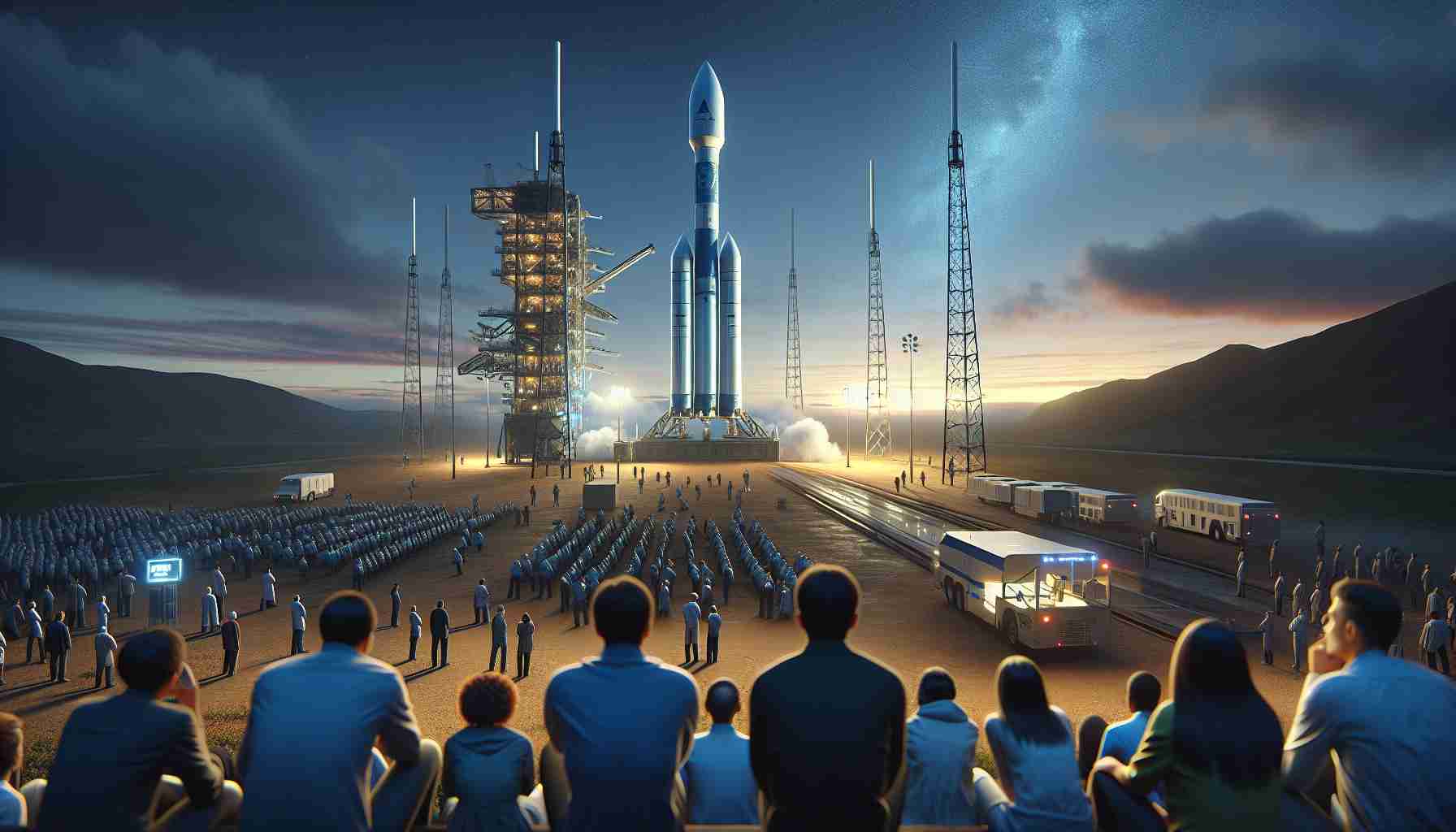 A realistic, high-definition illustration capturing the anticipation for the upcoming launch of a new array of communication satellites like the Starlink. The scene showcases the launch site, under the early evening sky. Engineers of different genders and descents, Caucasian, Hispanic, Black, Middle-Eastern, South Asian, working busily around the impressive rocket, preparing for lift-off. Observers in the foreground, holding their breath in shared excitement, impatiently awaiting the spectacular launch, poised to light up the twilight sky.