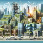 A visually rich, high-definition illustration conveying the evolution of sustainable architecture in urban planning. This should depict the growth from older buildings with significant carbon footprints to modern structures designed with eco-friendliness in mind. Show a range of architectural styles over the years transitioning to the present day, where we can see buildings with solar panels, green roofs, wind turbines, and efficient usage of natural light. Please include the urban environment context such as the roads, parks, and how they transformed alongside the architecture.