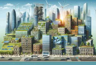 A visually rich, high-definition illustration conveying the evolution of sustainable architecture in urban planning. This should depict the growth from older buildings with significant carbon footprints to modern structures designed with eco-friendliness in mind. Show a range of architectural styles over the years transitioning to the present day, where we can see buildings with solar panels, green roofs, wind turbines, and efficient usage of natural light. Please include the urban environment context such as the roads, parks, and how they transformed alongside the architecture.