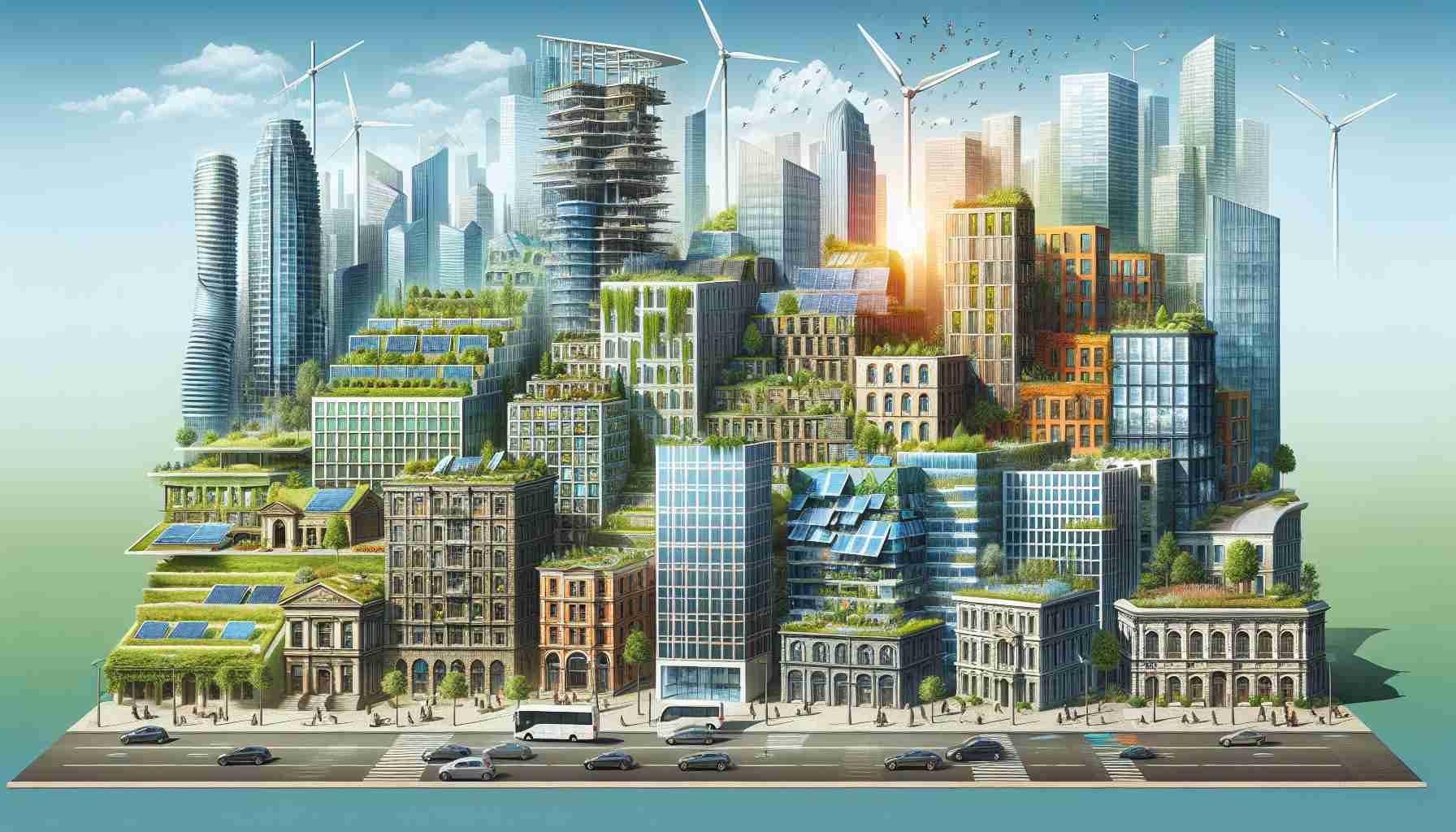 A visually rich, high-definition illustration conveying the evolution of sustainable architecture in urban planning. This should depict the growth from older buildings with significant carbon footprints to modern structures designed with eco-friendliness in mind. Show a range of architectural styles over the years transitioning to the present day, where we can see buildings with solar panels, green roofs, wind turbines, and efficient usage of natural light. Please include the urban environment context such as the roads, parks, and how they transformed alongside the architecture.