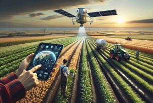 Create a hyperrealistic HD image of a modern farming scene incorporating advanced technology. Show a vast farmland with different crops growing in neat rows and a satellite hovering in the sky above. Use detail to show the satellite's imagery on a farmer's handheld device, showing critical information like weather patterns, soil moisture, and crop health. The farmer, a Hispanic woman, is shown evaluating the data on her device. Nearby, a state-of-the-art autonomous tractor works on another section of the field, overseen by a Middle-Eastern male worker. This ensemble evokes the revolution of agriculture through satellite technology.