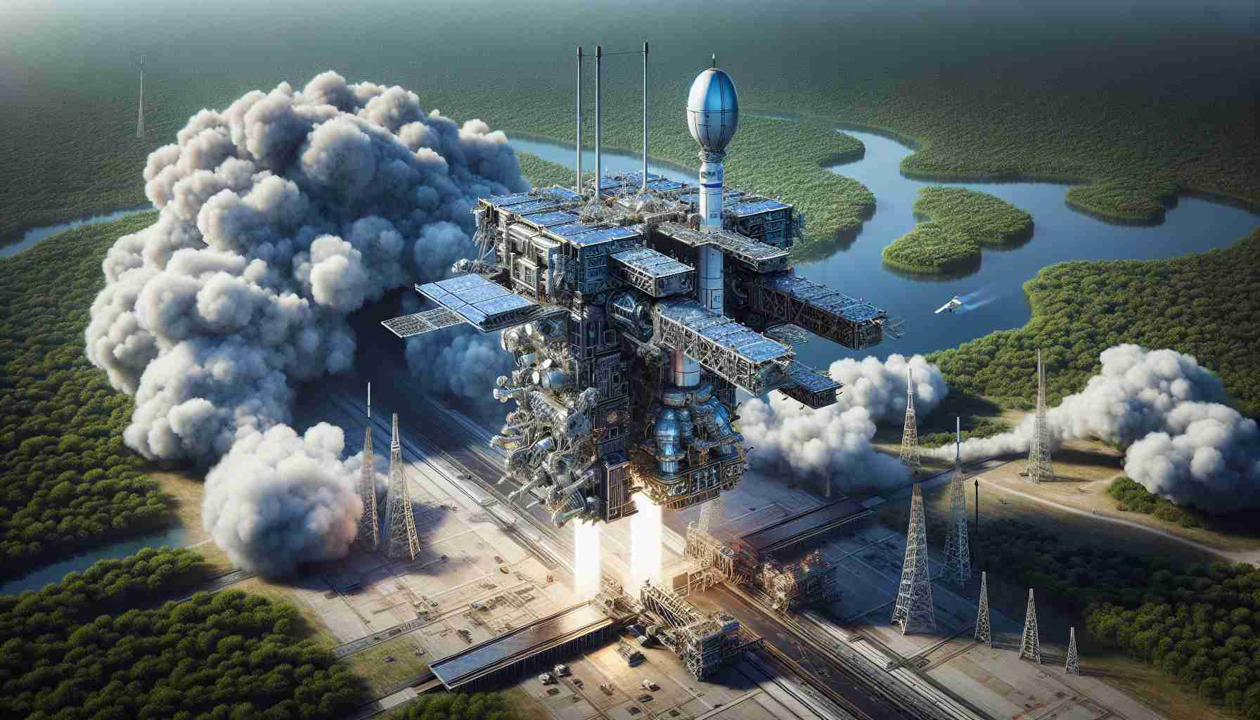 A detailed, high-definition rendition of an advanced Earth observatory satellite dispatching from a launch pad in China. The mechanical structure of the satellite is robust and complex, and the launch vehicle propels the satellite through a clear, blue sky with ornate plumes of white smoke trailing behind. Surrounding the launch site is a terrain filled with dense forests and clear, pristine bodies of water. The image should capture the drama and tension of the space launch, while also showcasing the technological prowess and scientific achievements of this event.