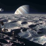 A high-definition, realistic representation of a space mission exploring Jupiter's moon, Europa. The image should include space equipment used for the exploration, the icy surface of Europa, possibly with identifiable craters and formations, contrasting with the dark expanse of space. Include views of Jupiter in the sky as a massive planet, with its characteristic bands of colors. This represents a mission beyond simple life detection, implying advanced technology, perhaps implied by a sophisticated rover or other exploration tools.