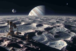 A high-definition, realistic representation of a space mission exploring Jupiter's moon, Europa. The image should include space equipment used for the exploration, the icy surface of Europa, possibly with identifiable craters and formations, contrasting with the dark expanse of space. Include views of Jupiter in the sky as a massive planet, with its characteristic bands of colors. This represents a mission beyond simple life detection, implying advanced technology, perhaps implied by a sophisticated rover or other exploration tools.