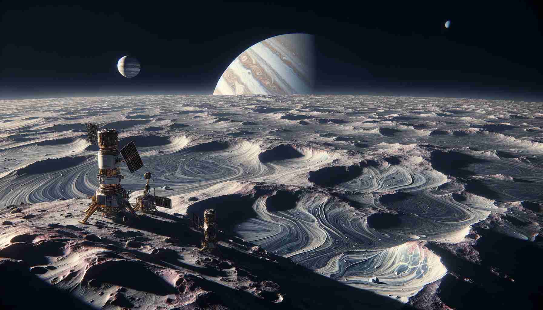 A high-definition, realistic representation of a space mission exploring Jupiter's moon, Europa. The image should include space equipment used for the exploration, the icy surface of Europa, possibly with identifiable craters and formations, contrasting with the dark expanse of space. Include views of Jupiter in the sky as a massive planet, with its characteristic bands of colors. This represents a mission beyond simple life detection, implying advanced technology, perhaps implied by a sophisticated rover or other exploration tools.