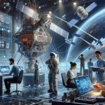 A high-definition, realistic illustration depicting the future of satellite communication services. Imagine a scene with a vast communication hub filled with high-tech equipment, satellites, and workers. These workers could include a Caucasian female network engineer analyzing data on a holographic screen, an Asian male technician performing maintenance on a satellite model, a Middle-Eastern female astronaut in a spacesuit inspecting the satellite linkages, and a Black male scientist observing and noting down observations. The scene could also depict futuristic satellites orbiting the Earth with visible beams of data transmission, representing the next generation of satellite communication.