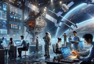 A high-definition, realistic illustration depicting the future of satellite communication services. Imagine a scene with a vast communication hub filled with high-tech equipment, satellites, and workers. These workers could include a Caucasian female network engineer analyzing data on a holographic screen, an Asian male technician performing maintenance on a satellite model, a Middle-Eastern female astronaut in a spacesuit inspecting the satellite linkages, and a Black male scientist observing and noting down observations. The scene could also depict futuristic satellites orbiting the Earth with visible beams of data transmission, representing the next generation of satellite communication.