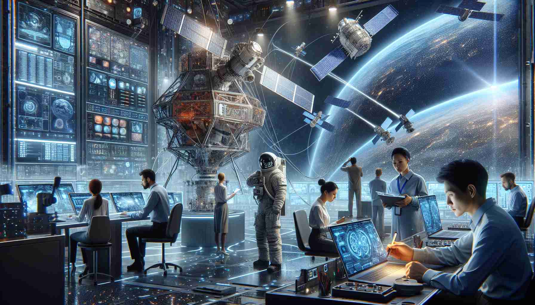 A high-definition, realistic illustration depicting the future of satellite communication services. Imagine a scene with a vast communication hub filled with high-tech equipment, satellites, and workers. These workers could include a Caucasian female network engineer analyzing data on a holographic screen, an Asian male technician performing maintenance on a satellite model, a Middle-Eastern female astronaut in a spacesuit inspecting the satellite linkages, and a Black male scientist observing and noting down observations. The scene could also depict futuristic satellites orbiting the Earth with visible beams of data transmission, representing the next generation of satellite communication.