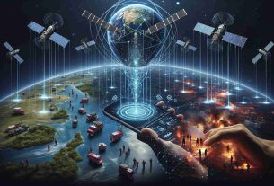 A high-definition digital artwork showcasing Starlink's application in disaster relief. This would depict two elements: First, a visualization of the Starlink satellites connected in a geostationary network over Earth, symbolizing the communication technology advancement. Second aspect focuses on the ground, where we see detailed illustration of disaster-affected area, specifically rescue teams getting assisted by real-time data through handheld devices. Additionally, include symbolic elements such as emergency signals being transmitted towards the network and feedback signals carrying relief information towards the site, capturing the essence of Starlink revolutionizing disaster relief with cutting-edge technology.