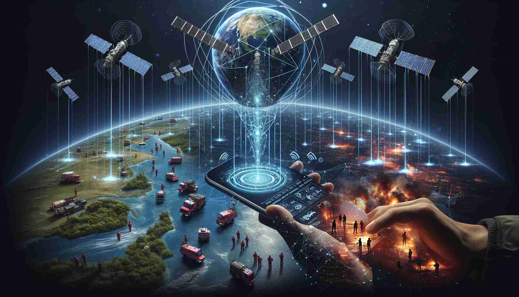 A high-definition digital artwork showcasing Starlink's application in disaster relief. This would depict two elements: First, a visualization of the Starlink satellites connected in a geostationary network over Earth, symbolizing the communication technology advancement. Second aspect focuses on the ground, where we see detailed illustration of disaster-affected area, specifically rescue teams getting assisted by real-time data through handheld devices. Additionally, include symbolic elements such as emergency signals being transmitted towards the network and feedback signals carrying relief information towards the site, capturing the essence of Starlink revolutionizing disaster relief with cutting-edge technology.