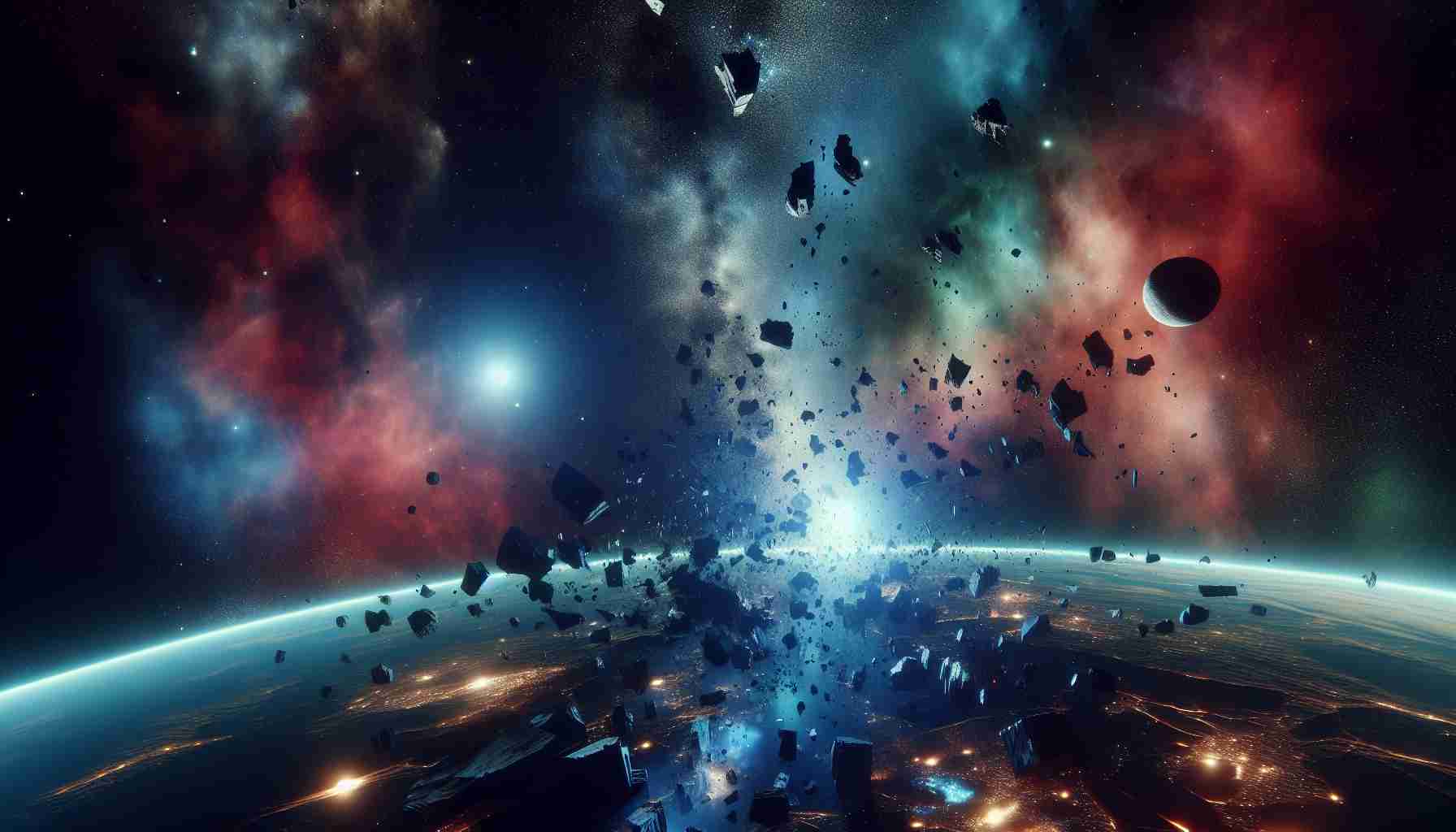 Generate a realistic, high-definition image portraying the mystery surrounding a classified space break-up. The scene should incorporate elements of deep space, possibly showing fragments of shattered interstellar objects, hinting at a cryptic event. Use contrasting color schemes to emphasize the surreal and enigmatic nature of the break-up. Give thought to space debris and ambient lights to enrich the cosmic setting.