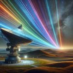 A high-resolution, realistic image depicting the concept of exploring new avenues for satellite communication spectrum. The scene should include a large satellite dish in the foreground raised towards the star-filled night sky, with visible light spectrum rays emanating from it in different directions, symbolically representing the search for new communication channels. Additionally, include some terrestrial backgrounds like rolling hills and a control station nearby to highlight the juxtaposition of technological advancements and nature.