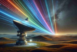 A high-resolution, realistic image depicting the concept of exploring new avenues for satellite communication spectrum. The scene should include a large satellite dish in the foreground raised towards the star-filled night sky, with visible light spectrum rays emanating from it in different directions, symbolically representing the search for new communication channels. Additionally, include some terrestrial backgrounds like rolling hills and a control station nearby to highlight the juxtaposition of technological advancements and nature.