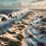 Create a realistic high-definition image that depicts the drastic changes brought about by a fictional hurricane named Stella on the coastal landscapes of Florida. The image should highlight elements such as windswept palm trees, upheaval of sand dunes, surges of wild frothy waves, and remnants of man-made structures, portraying the devastating impact of a major storm.