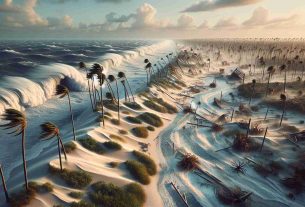 Create a realistic high-definition image that depicts the drastic changes brought about by a fictional hurricane named Stella on the coastal landscapes of Florida. The image should highlight elements such as windswept palm trees, upheaval of sand dunes, surges of wild frothy waves, and remnants of man-made structures, portraying the devastating impact of a major storm.