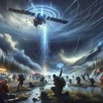 A high-definition, realistic illustration showcasing the power of satellite SOS in emergency situations. The central scene depicts a vast remote wilderness with threatening weather conditions. A distressed traveler is in the process of activating a satellite SOS beacon. The beacon emits a visible signal traveling up into the sky. Overhead, a constellation of communication satellites seem to pick up the signal. Show the satellites further relaying the signal to a high-tech operations center on earth where diverse teams of men and women hailing from Caucasian, Hispanic, Black, Middle-Eastern, and South Asian descents are hastily working to coordinate a rescue mission. Make sure to capture the tension, urgency, as well as the hope offered by the technology at hand.