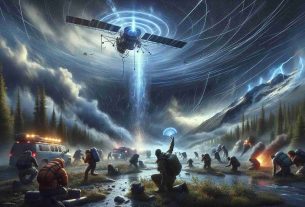 A high-definition, realistic illustration showcasing the power of satellite SOS in emergency situations. The central scene depicts a vast remote wilderness with threatening weather conditions. A distressed traveler is in the process of activating a satellite SOS beacon. The beacon emits a visible signal traveling up into the sky. Overhead, a constellation of communication satellites seem to pick up the signal. Show the satellites further relaying the signal to a high-tech operations center on earth where diverse teams of men and women hailing from Caucasian, Hispanic, Black, Middle-Eastern, and South Asian descents are hastily working to coordinate a rescue mission. Make sure to capture the tension, urgency, as well as the hope offered by the technology at hand.