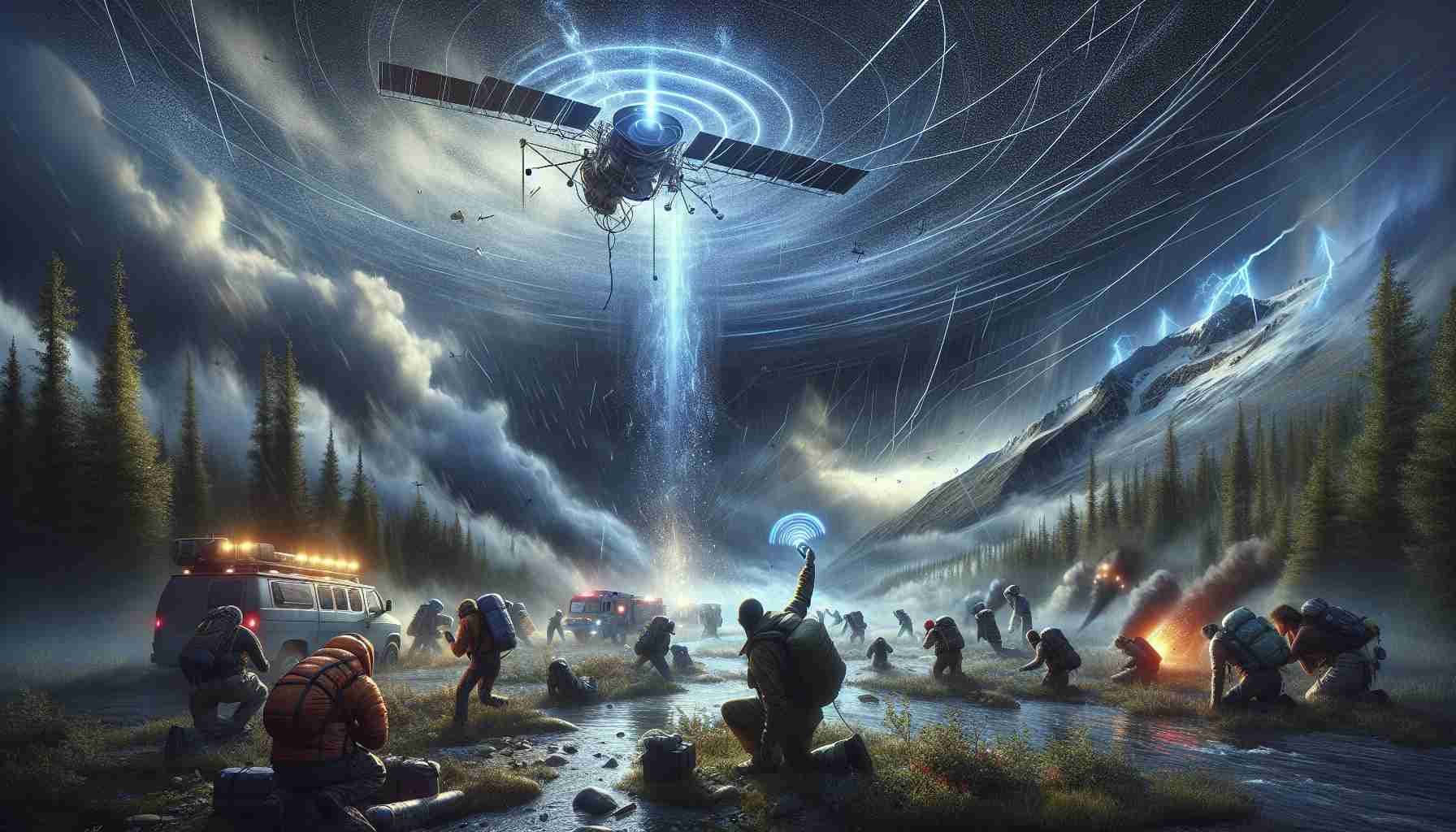 A high-definition, realistic illustration showcasing the power of satellite SOS in emergency situations. The central scene depicts a vast remote wilderness with threatening weather conditions. A distressed traveler is in the process of activating a satellite SOS beacon. The beacon emits a visible signal traveling up into the sky. Overhead, a constellation of communication satellites seem to pick up the signal. Show the satellites further relaying the signal to a high-tech operations center on earth where diverse teams of men and women hailing from Caucasian, Hispanic, Black, Middle-Eastern, and South Asian descents are hastily working to coordinate a rescue mission. Make sure to capture the tension, urgency, as well as the hope offered by the technology at hand.