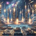 A high definition, realistic image of a fictional scenario inspired by the theme of a space race, stimulated by new regulations. Illustrate a number of space rockets on launch pads preparing to take off into the nebulous star-studded night-sky, symbolizing a frenzy of space exploration. This scene emerges against a backdrop of an industrial complex with futuristic buildings, huddled with engineers, scientists, and government officials of different genders and descents. The sky is lit up by the ready-to-fire rockets while headlines appear on digital billboards showing 'New Regulations Spark Space Race Frenzy!'