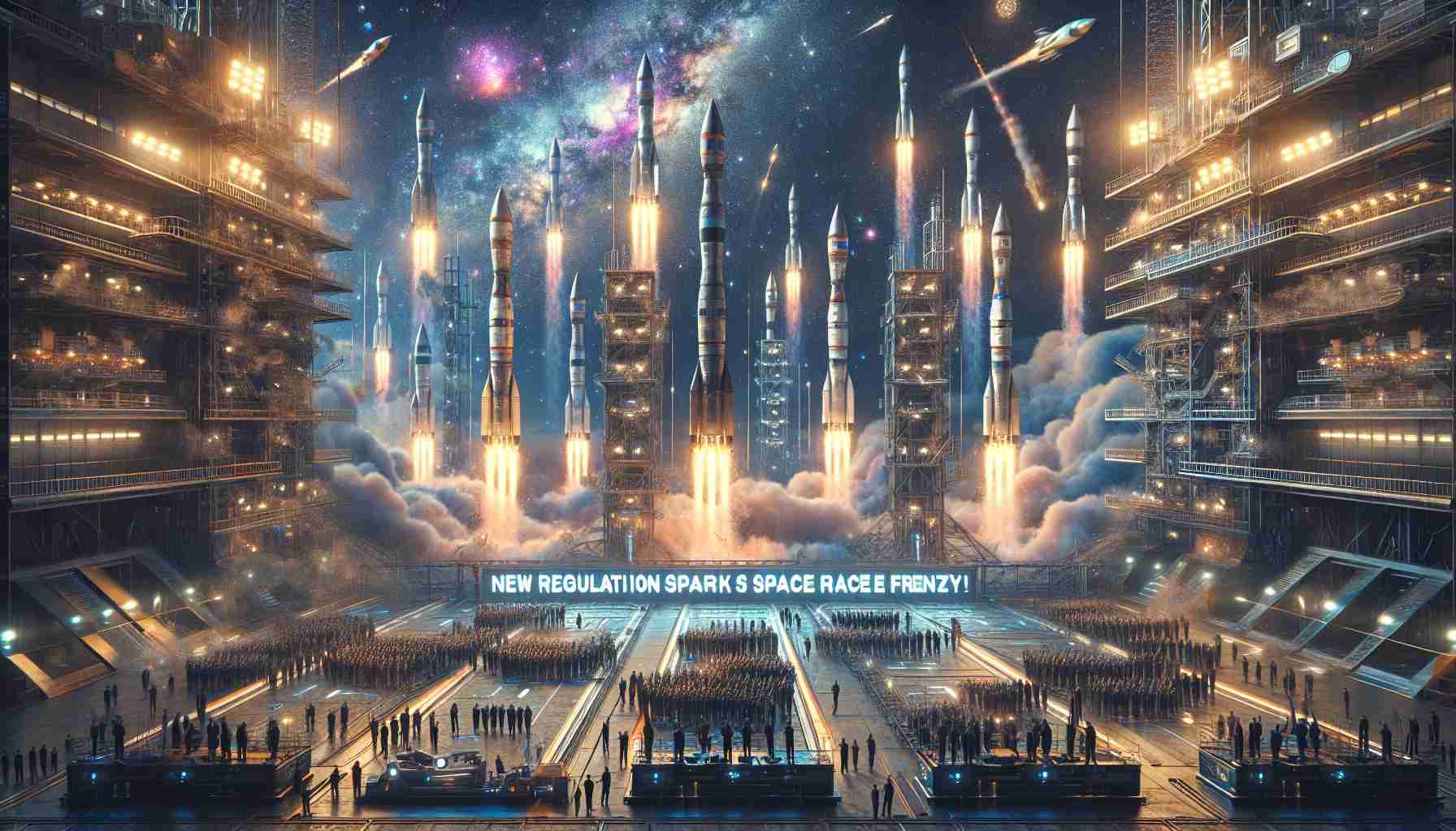 A high definition, realistic image of a fictional scenario inspired by the theme of a space race, stimulated by new regulations. Illustrate a number of space rockets on launch pads preparing to take off into the nebulous star-studded night-sky, symbolizing a frenzy of space exploration. This scene emerges against a backdrop of an industrial complex with futuristic buildings, huddled with engineers, scientists, and government officials of different genders and descents. The sky is lit up by the ready-to-fire rockets while headlines appear on digital billboards showing 'New Regulations Spark Space Race Frenzy!'