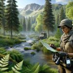 A highly realistic, high-definition image portraying a day in the life of a modern wilderness explorer. The scene captures the explorer, of Middle-Eastern descent and female, outfitted in state-of-the-art hiking gear that includes a GPS device, binoculars, and a backpack. She's navigating a serene, lush wilderness setting populated by towering trees, a babbling brook, and a distant mountain range. She seems to be devising a route on a map while examining her surroundings for cues. Her facial expression conveys determination and thrill of the unknown journey ahead.