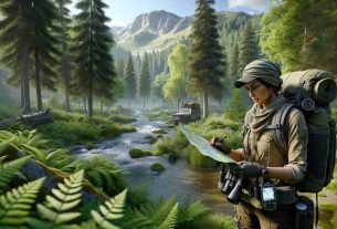 A highly realistic, high-definition image portraying a day in the life of a modern wilderness explorer. The scene captures the explorer, of Middle-Eastern descent and female, outfitted in state-of-the-art hiking gear that includes a GPS device, binoculars, and a backpack. She's navigating a serene, lush wilderness setting populated by towering trees, a babbling brook, and a distant mountain range. She seems to be devising a route on a map while examining her surroundings for cues. Her facial expression conveys determination and thrill of the unknown journey ahead.