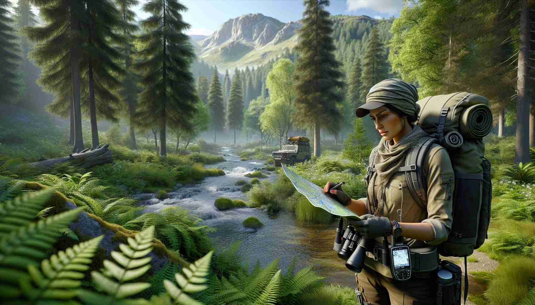 A highly realistic, high-definition image portraying a day in the life of a modern wilderness explorer. The scene captures the explorer, of Middle-Eastern descent and female, outfitted in state-of-the-art hiking gear that includes a GPS device, binoculars, and a backpack. She's navigating a serene, lush wilderness setting populated by towering trees, a babbling brook, and a distant mountain range. She seems to be devising a route on a map while examining her surroundings for cues. Her facial expression conveys determination and thrill of the unknown journey ahead.