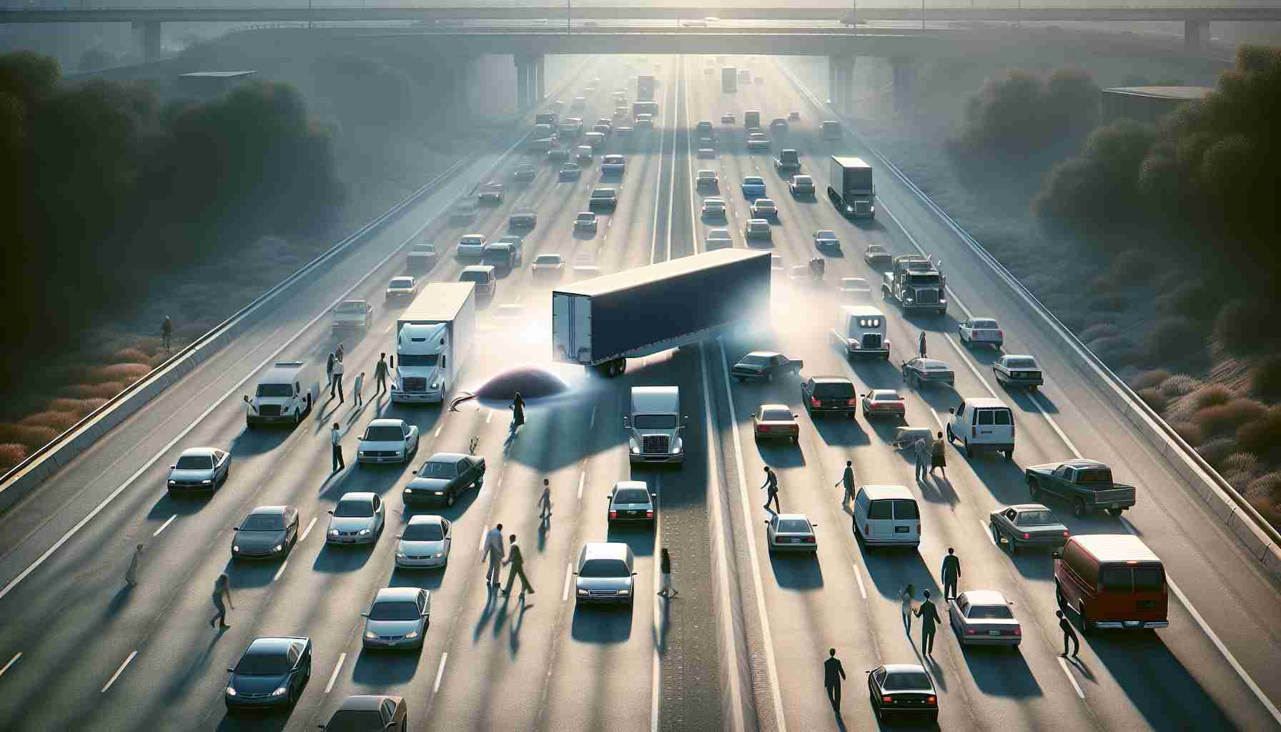 A visually realistic, high-definition image depicting a scene of an intriguing mystery unfolding on a busy, major highway. There is unease and attractak as vehicles halt intermittently, with drivers and passengers stepping out, seemingly in awe. A significant object or occurrence is in the middle of the highway, shrouded in ambiguity, making it difficult to decipher from a distance. The weather is slightly overcast, casting a dramatic shadow over the entire scene.