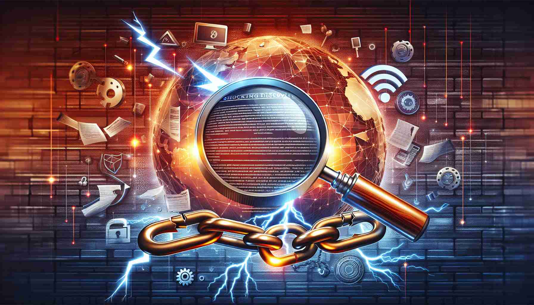 Create a realistic high-definition illustration that represents the concept of a 'Shocking Discovery' regarding online policies. This could include imagery such as a magnifying glass highlighting the 'fine print' on a digital document or agreement, a bolt of lightning symbolizing the 'shock' of the discovery, or a broken chain signifying 'Groundbreaking Changes'. An obvious emphasis on internet symbolism can also be added for context, such as Ethernet cables, Wi-Fi signals, or globe icons. The background could be a tech-themed abstract design.