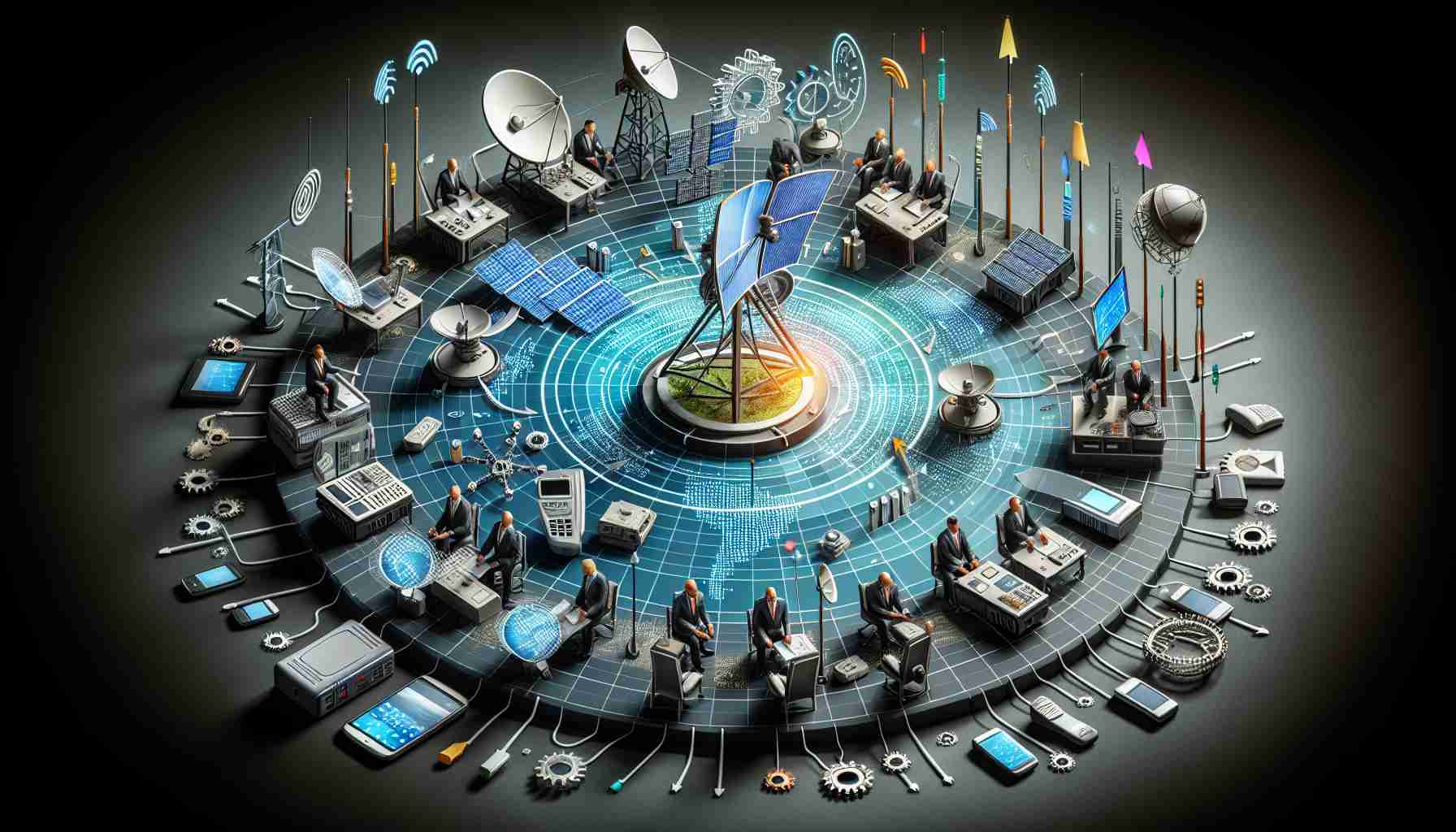 A high-definition, realistic image showcasing the impact of satellite spectrum consultations on telecommunications industry dynamics. The diagram should include the representation of satellite signals, consultation meetings of officials discussing relevant industry changes, surrounded by depictions of various types of communication devices like smartphones, satellite phones, routers. It should also portray the dynamics of the industry with arrows showing the direction of influence and gears showing the interlocking of different concepts.