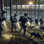 High-definition image of a search operation taking place for a disappeared individual from a high-security U.S. prison named USP Hazelton. Depict law enforcement wearing uniforms and protective gear, scouring a wide wooded area with flashlights and tracking dogs. Show a sense of urgency and seriousness in their expressions and movements. Hints of the prison, such as a distant buildings sectioned by high walls and barbed wire, can be seen in the backdrop. Make sure the atmosphere is tense and suspenseful.