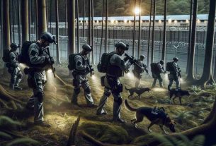 High-definition image of a search operation taking place for a disappeared individual from a high-security U.S. prison named USP Hazelton. Depict law enforcement wearing uniforms and protective gear, scouring a wide wooded area with flashlights and tracking dogs. Show a sense of urgency and seriousness in their expressions and movements. Hints of the prison, such as a distant buildings sectioned by high walls and barbed wire, can be seen in the backdrop. Make sure the atmosphere is tense and suspenseful.