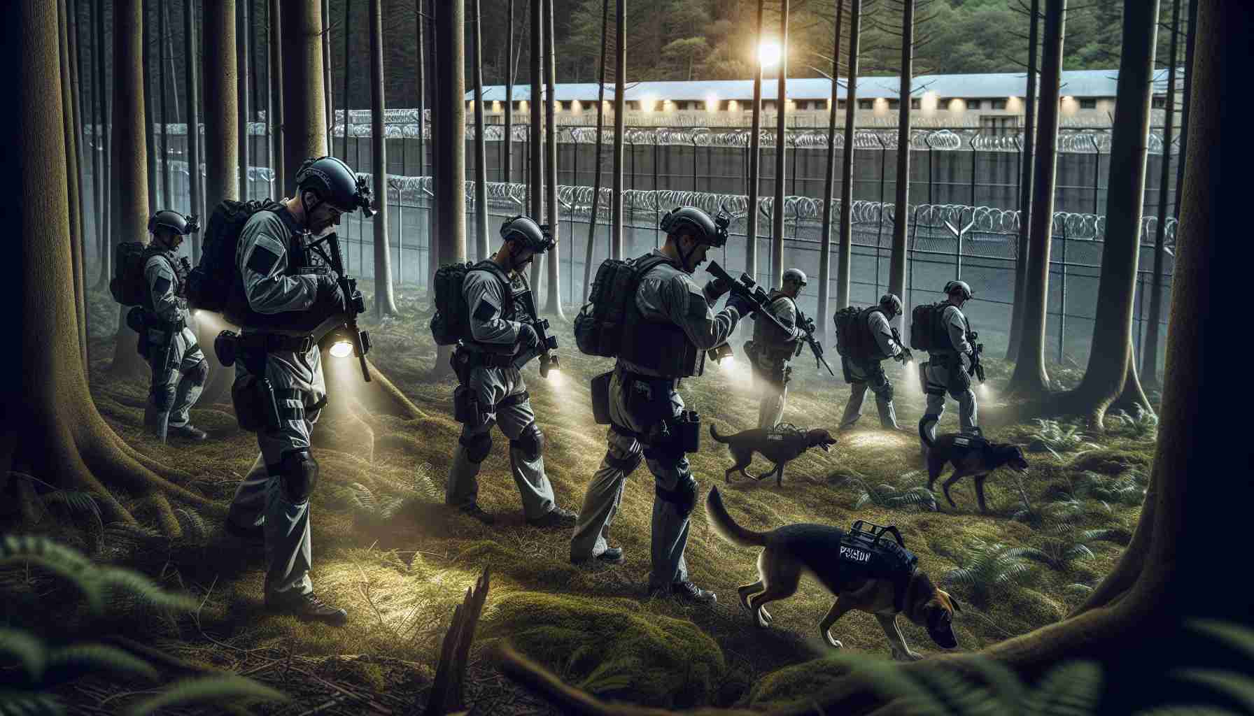 High-definition image of a search operation taking place for a disappeared individual from a high-security U.S. prison named USP Hazelton. Depict law enforcement wearing uniforms and protective gear, scouring a wide wooded area with flashlights and tracking dogs. Show a sense of urgency and seriousness in their expressions and movements. Hints of the prison, such as a distant buildings sectioned by high walls and barbed wire, can be seen in the backdrop. Make sure the atmosphere is tense and suspenseful.