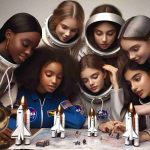 A high-definition, realistic image of girls from different desecents: Caucasian, Black, Hispanic, Middle-Eastern, and South Asian, engaging in space exploration activities. They are all dressed in NASA-style spacesuits, eagerly peering at a star map, working on a miniature rocket model, or using a telescope to gaze at the stars. The expression on their faces simultaneously conveys concentration, curiosity, and joy, illustrating their empowerment and passion for space exploration.