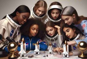 A high-definition, realistic image of girls from different desecents: Caucasian, Black, Hispanic, Middle-Eastern, and South Asian, engaging in space exploration activities. They are all dressed in NASA-style spacesuits, eagerly peering at a star map, working on a miniature rocket model, or using a telescope to gaze at the stars. The expression on their faces simultaneously conveys concentration, curiosity, and joy, illustrating their empowerment and passion for space exploration.